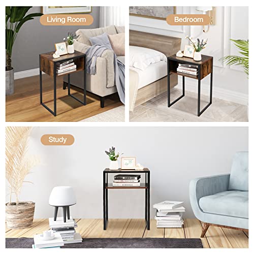 Giantex Industrial Side Table, Wood End Table With Open Shelf & Metal Frame, Bedside Table For Living Room Bedroom Dorm, Rustic Brown #TOP7