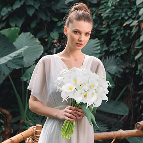 Jexine 32 Pcs Calla Lily Wedding Bouquet Artificial Flowers 13 Inch Fake White Flowers Artificial Long Stem Faux Flowers For Home Wedding Party Plant Decoration Decor, White And Yellow Core #TOP3