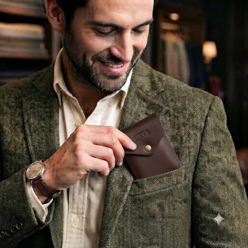 Image of Leatherful Flip - Top Grain Leather Vertical Slim Wallet for Men | Easy Quick Card Access | Compact Front Cash Pocket & Button Lock | Minimalist Travel & Daily Carry Wallet (Brown)