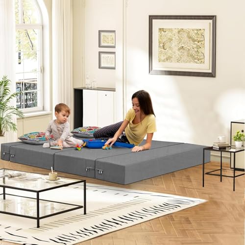 Image of Rosebell Foldable 2 Seater Sofa Cum Bed, Sofa Bed 4X6 Feet, Jute Fabric- Washable Cover- Including Two Cushion Perfect for Home & Office-Grey Color