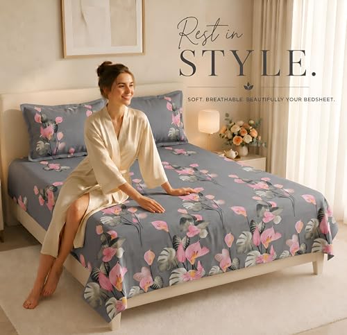 Image of HOMEKART 210 TC Premium Cotton Double Bed Bedsheet with 2 Pillow Covers | Double Bed Sheet Set | Soft, Breathable, Skin Friendly, Wrinkle Resistant & Fade Resistant |228 x 254 cm | Bedding for Home