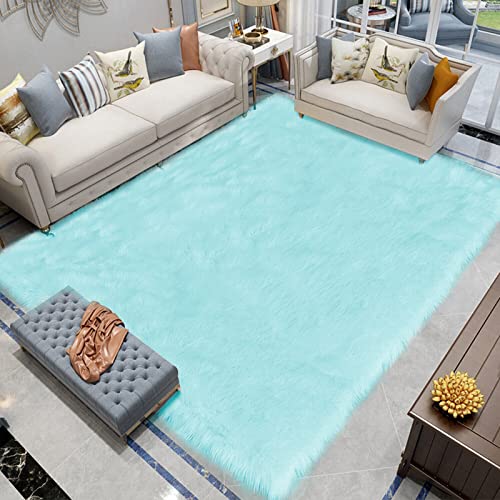 Latepis Big Rugs for Bedroom Teal 6.7x10 Area Rug Light Blue Faux Sheepskin Fur Rug Washable Soft Fluffy Rugs for Living Room Sofa Floor Luxury Home Decor