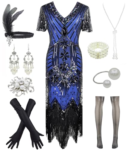 Image of Women 1920s Gatsby Vintage Sequin Flapper Fringe Party Plus Dress with 20s Accessories Set