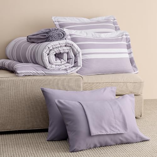 Image of Bedsure Twin XL Comforter Set 5 Pieces, Purple Striped Bedding Set for All Seasons, Reversible, Cationic Dyeing Bed in a Bag with Comforter, Sheets, Pillowcase & Sham