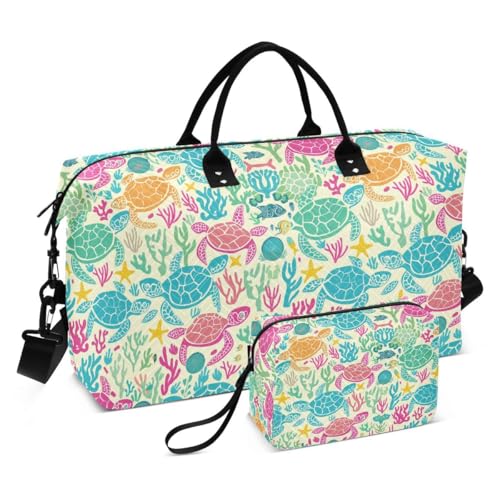 Colored Sea Turtle Coral Reef Travel Duffle Bag Gym Bag Weekender Bags with Toiletry Bag Travel Trip Tote Bag