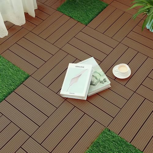 人工木 ウッドパネル ウッドデッキ 天然木粉 15枚セット 置くだけ ガーデニング タイル ジョイント式 庭 ベランダ 30×30cm 厚さ2cm 樹脂製 腐らない ベランダタイル ジョイントパネル 正方形 DIY用 屋外 屋内(ストライプ柄コーヒー, 1