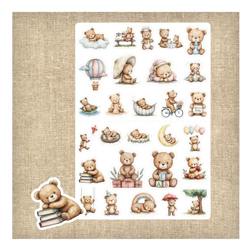 Stickers Oursons – 28 Gommettes Mignonnes Thème Bébé & Enfance – Papier Mat Prédécoupé – 26,5 x 18,5 cm – Décoration Naissance, Carnets, Scrapbooking –...
