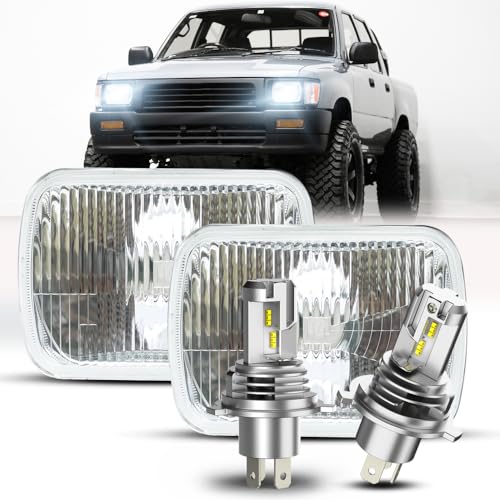 For Toyota Pickup 1982-1995 Tacoma 1995-1997.LED Light Bulbs,7x6 inch H6054 Headlight Square Glass Lens Housing+H4 High&Low Sealed Beam Headlight Lamp for Cars, Truck and Van, 4 PCS