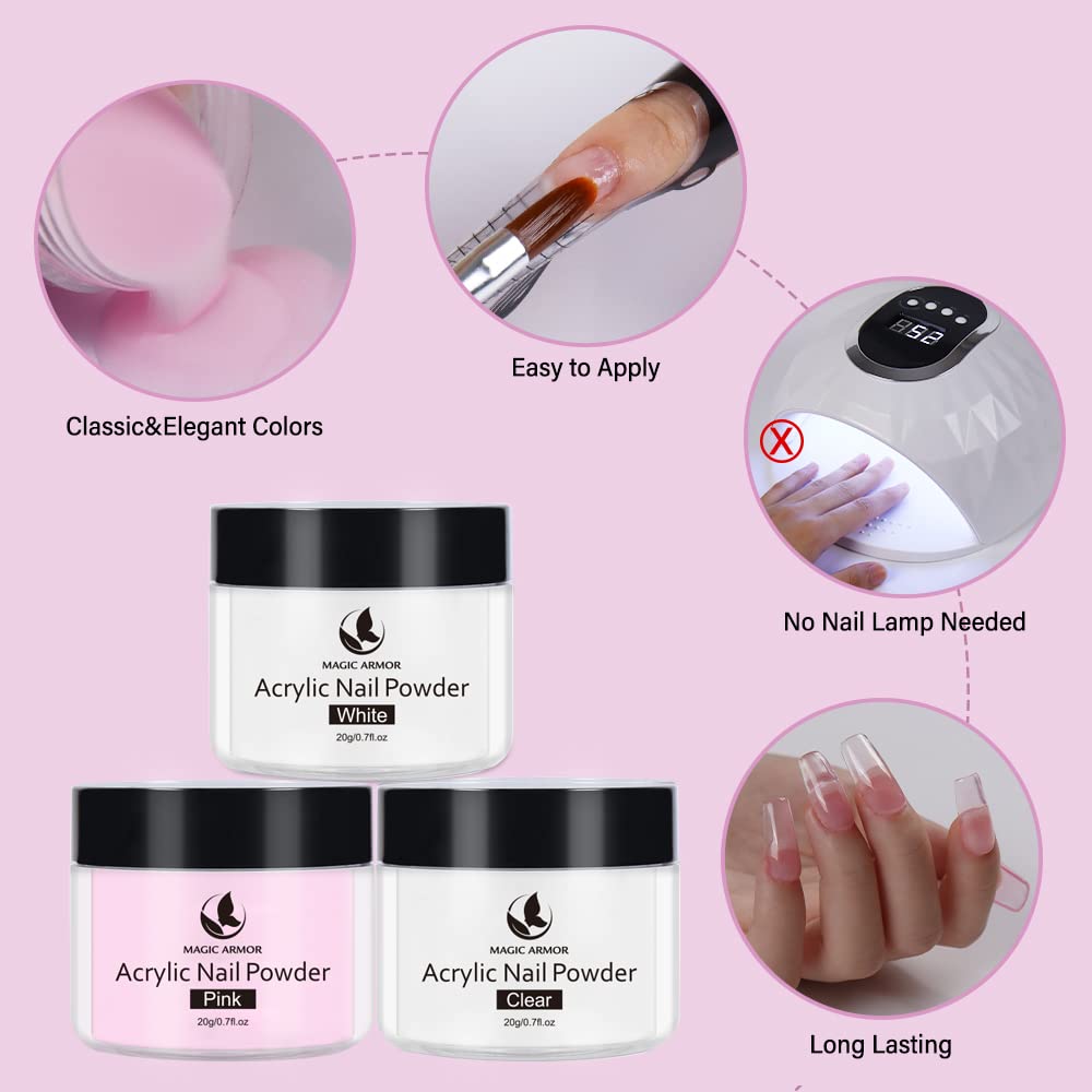 MAGIC ARMOR Set Polvere e 60ML Liquido Acrilico Per Unghie，3 Colori （Polvere Trasparente, Rosa, Bianco) 20g，Adatto a Principianti ed Esperti di Unghie Set Polvere e Liquidi Acrilici