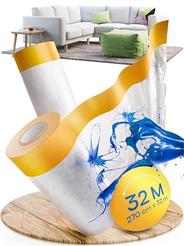 TOOLCORE 2x Abdeckfolie mit Klebeband 270cm x 16m [Original Goldband] - Malerfolie mit Klebeband - Maler Abdeckfolie - Abdeckband mit Folie - Malerkrepp mit Folie