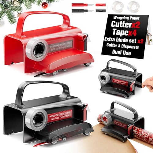 2-Pack Wrapping Paper Cutter with Wheels & Tape Dispenser - Gift Wrap Tool Kit with Replaceable Blades for Christmas, Birthday - Safe, Efficient, and Precise Cutting Red