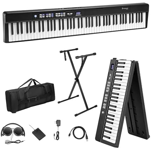 Starfavor SP-15F Folding Piano Keyboard, Semi Weighted Keyboard 88 Key Keyboard, 88 Keys Full Size Electric Piano, Portable Keyboard Piano, Bluetooth Foldable Piano, with Piano Stand Cover
