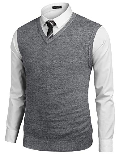 COOFANDY Mens Sweater Vest V Neck Plain Short Sleeve Sweater Pullover Knit Vest Gray