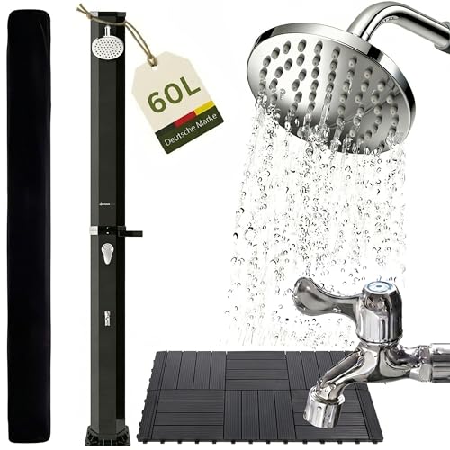 novaterra Solardusche schwarz mit 60L Tank - Gartendusche & Campingdusche mit Bodenelement Regenduschkopf Fußdusche Schutzhaube & Ablage Solardusche Garten Wassererwärmung bis 60C