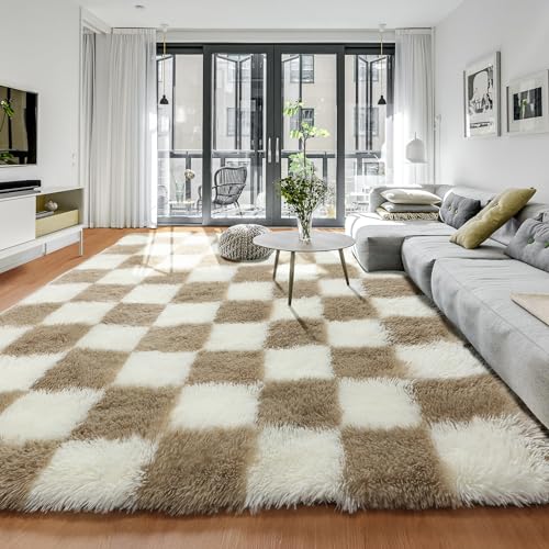 Image of KICMOR 6x9 Rugs for Living Room Beige and Cream White, Large Big Fluffy Shag Fuzzy Checkered Area Rug Shaggy Carpets for Bedroom, Soft Plush Rug for Kids Boys Girls Dorm Nursery Playroom Home Decor