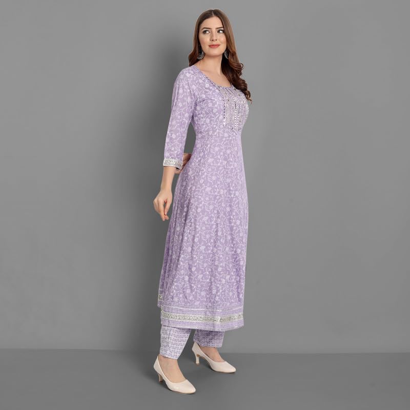 Image of NASRO Women's Viscose Rayon Printed Embroidered Round Neck 3 /4th Sleeves Anarkali Kurta & Pant Suit Set /Salwar Suit Set (Purple)