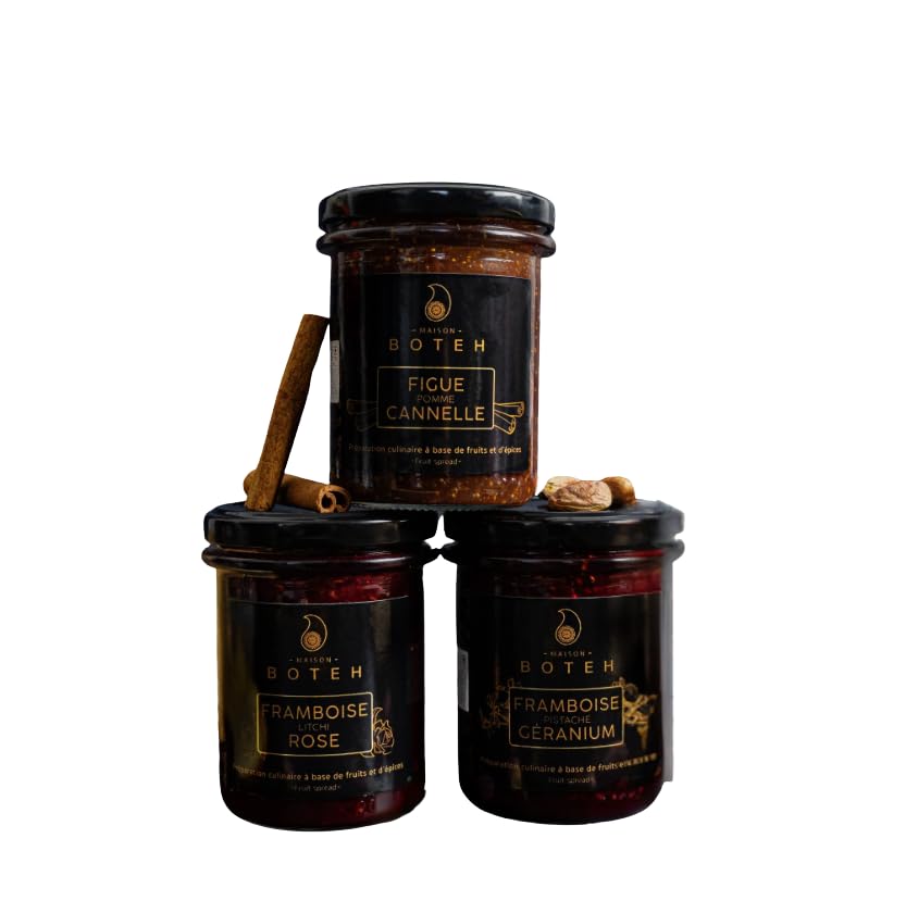 Maison Boteh Coffret Brunch, 3 Confitures Artisanales, 230g par Pot, Framboise Litchi Rose, Framboise Géranium Pistache, Figue Pomme Cannelle
