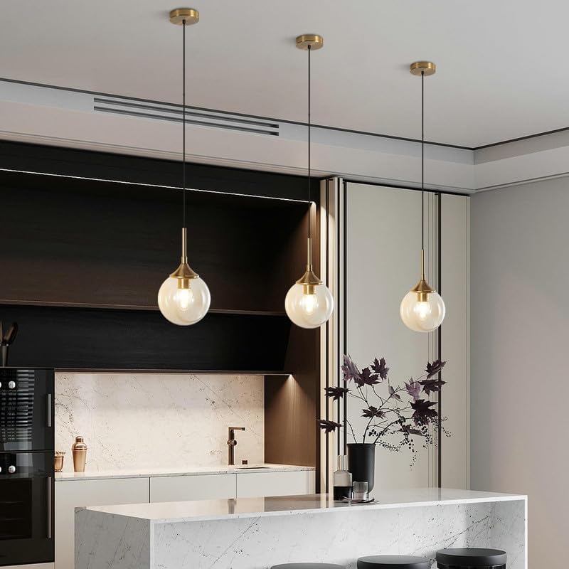 Image of Light Home Decor Lighting Mid Century Modern Pendant Chandelier 1-Light Gold Glass Globe Pendant Light Brushed Brass Large Kitchen Pendant Light (Bulb not Include)