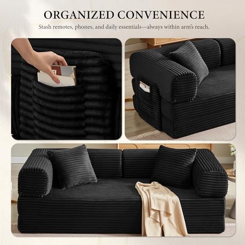Image of Boneless Couch Futon Sofa Bed Sectional Couches for Living Room,Cloud Couch with Sleeper Sofa,Sofas for Living Room Oversized Corduroy Upholstered (Black, 81 Inches (with Iron Frame))