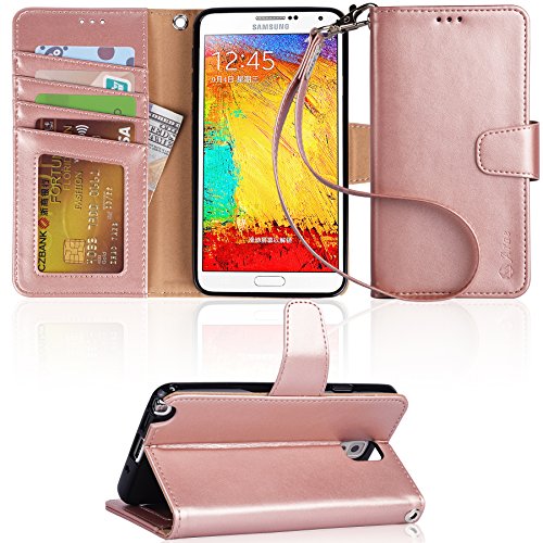 Arae wallet Case Compatible for Samsung Galaxy Note 3 with Kickstand and Flip cover - Rose Gold