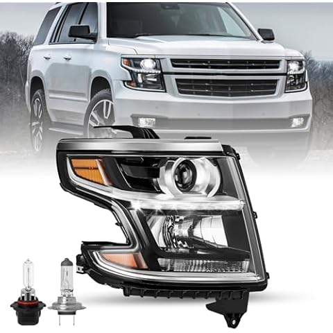 SOCKIR LED DRL Projector Headlight Assembly w/Bulbs Compatible with 2015-2020 Chevy Tahoe/Suburban Halogen Headlamp Right Passenger Side Cover