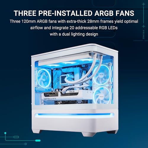 Image of ASUS Prime AP202 ARGB White mATX pc case with Fully Tempered Curved Glass, Supports GPU up to 420mm Long, 360mm radiators, Easy-Detach Rail, Patented Slot Vent, 3 Built-in ARGB Fans, 2 Year Warranty