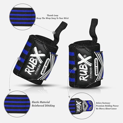 Image of RUBX Premium Wrist Wraps for Gym Workout - Adjustable Wrist Support Straps for Weightlifting, CrossFit, Powerlifting, Training - Men & Women Gym Accessories with Thumb Loop (Blue)