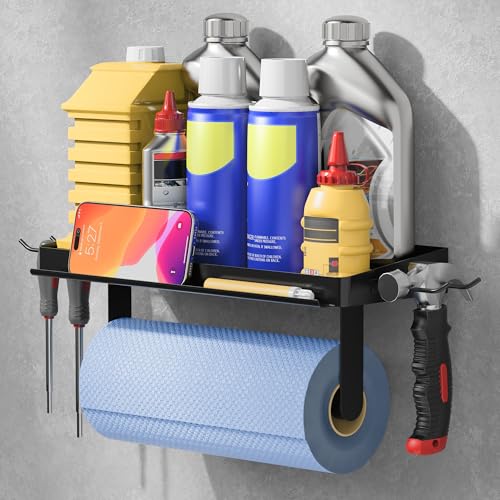 Image of ZUNTO 3-in-1 Wall Mount Garage Paper Towel Holder with Shelf, Organize Shelf & Pen Holder(or Phone Storage) & Hanging Hooks - Heavy Duty Stainless Steel Organizer for Kitchen, Workshop, Laundry Room