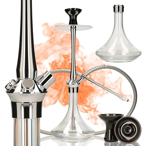 Chicha EL-BADIA® C7 V.2 – 53 cm – Grande Chicha Complète, Vase en Verre Épais, Diffuseur Réversible, Tuyau Silicone & Manche Métal, Foyer – Shisha...