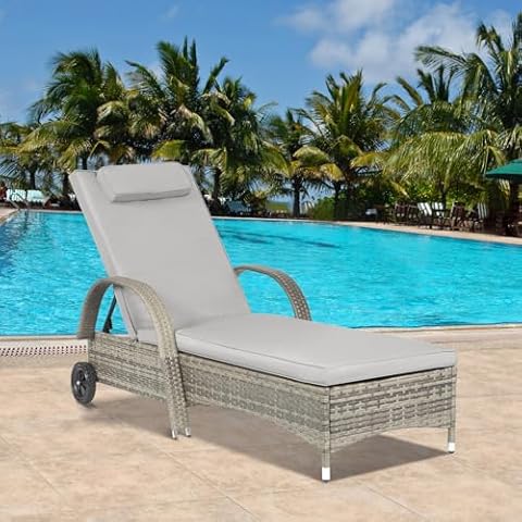 Outdoor Lounge Chair Patio Wicker Rattan Chaise Lounge Chairs for Outside Pool Sun Lounger Chairs with Armrest Cushion Grey Adjustable Reclining Backrest Big Wheels for Poolside Deck Balcony Lawn Cover