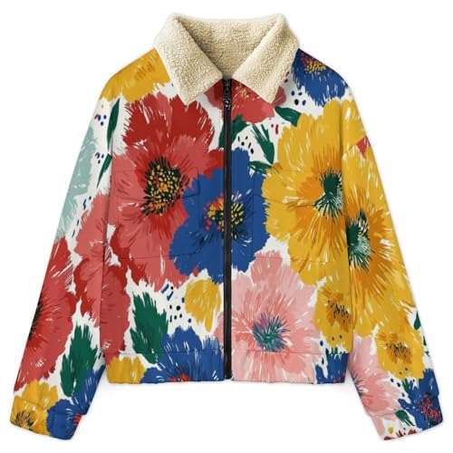 Veste polaire femme chaude pour balades d'hiver manteau fleuri décontracté jaune