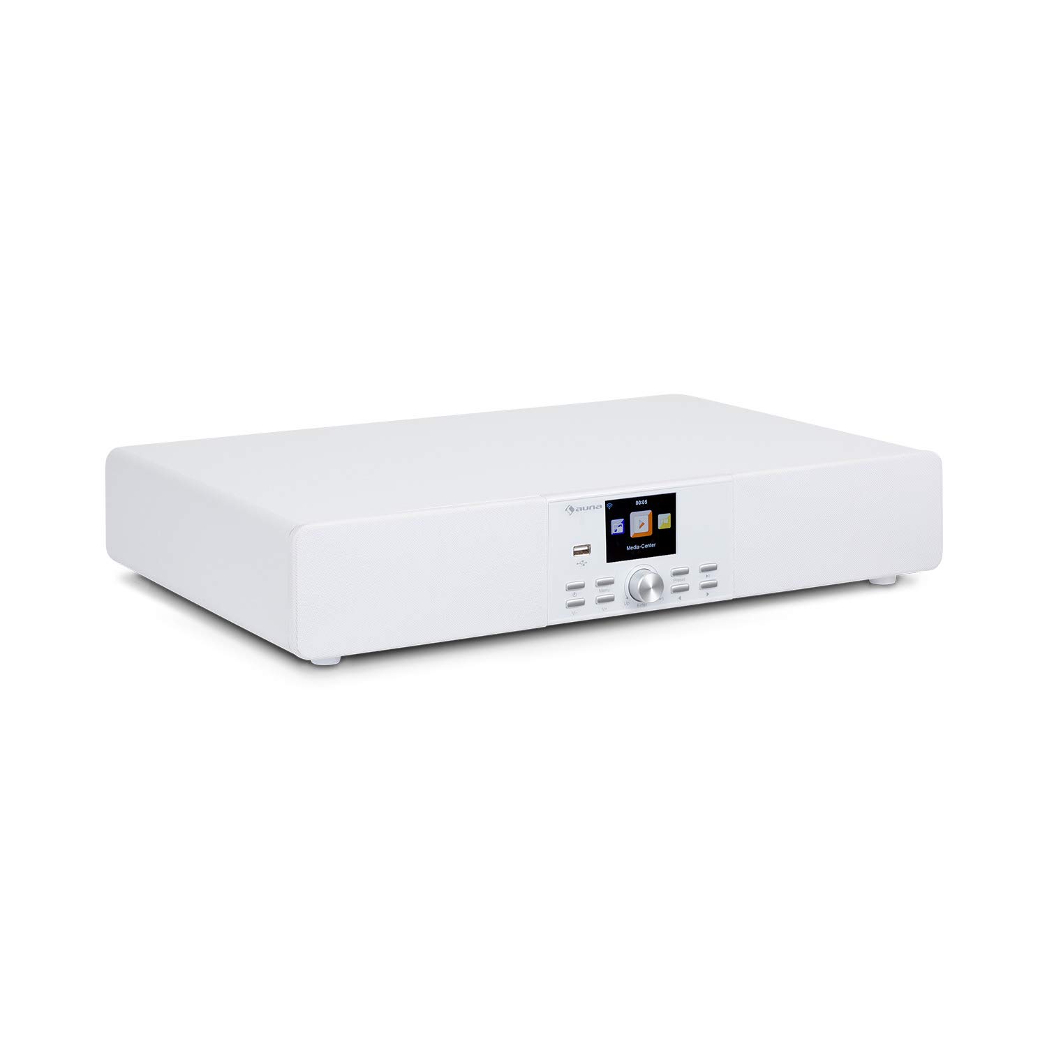 AUNA Stealth Base - Connect Soundbase, 2x15 W + 30 W RMS, Radio Web/DAB+/FM, Bluetooth, AirMusic Control App, Display LC da 2,8", Porta USB, Ingresso Line, Bianco