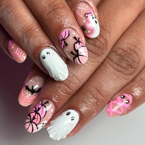 24Pcs Cute Ghost Press on Nails Short Pink French Tip Fake Nails ...