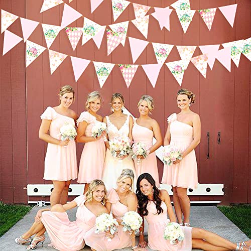 Image of Spring Tea Party Decorations Pink and Gold Floral Flower Butterfly Teapot Teacup Plaid Paper Triangle Flag Pennant Banner Bunting for Spring Birthday Wedding Bridal Baby Shower Engagement Tea Party