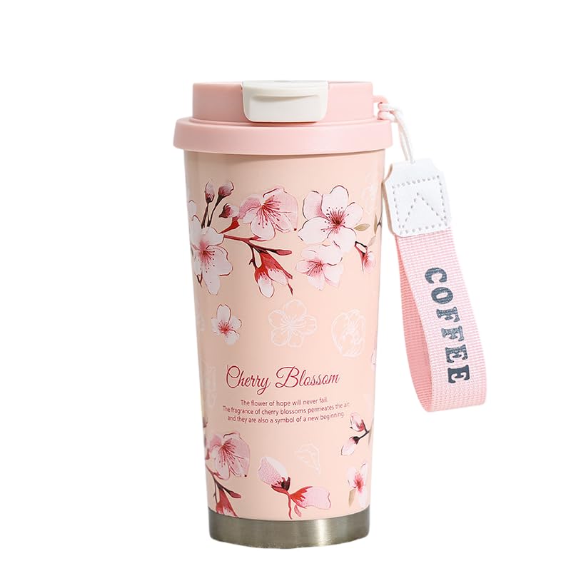 Image of Spiaty Summer Garden Floral Travel Mug with Strap, White Roses Design,500 ml Insulated Coffee Cup with Lid Leak-Proof Thermos Mug for Coffee, Tea, Hot or Cold Beverages