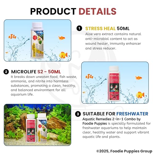 Image of Foodie Puppies Aquatic Remedies 2 in 1 Aquarium Medicine Combo - (Microlife + Stress Heal, 50ml Each) | Anti-Bacterial Effective Fish Skin Treatment for Fresh Water