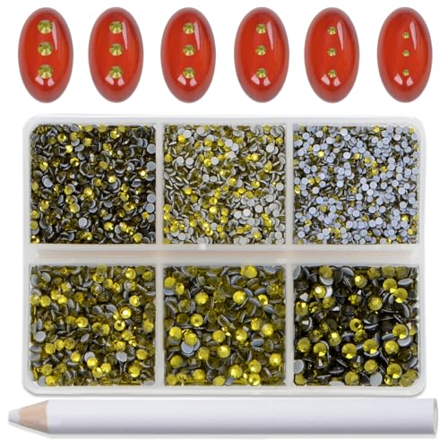 Image of Bymitel Hotfix Crystal Rhinestones Round Gems for Crafts,Mixed 6 Sizes with Wax Pencil Kit, Olivine 1.3-3.2mm(SS3-SS12 /8000pcs)