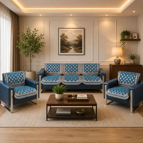 Image of Premium Chenille Woven Anti-Slip 5 Seater Sofa Cover | L-Shape Sofa Seat Protector for Living Room | Durable & Stylish Slipcover - Turquoise - Floral