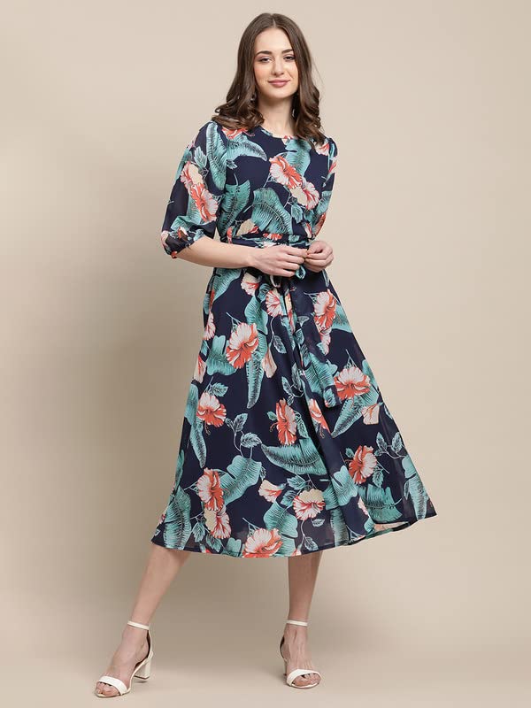Preneum Women's Maxi Fit & Flare Latest Style Print Georgette Regular Sleeves Casual Summer Maxi Dress || Festival & Occasion, Navy Blue, Xl