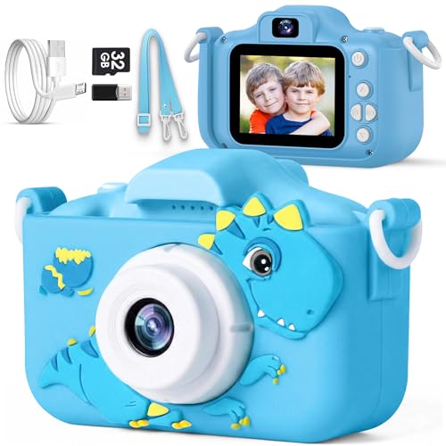 Kids Camera for 3, 4, 5, 6, 7, 8, 9 Year Old Boys Girls – 1080P HD Kids Video Camera, Dinosaur Christmas Birthday Gifts Dual Lens Digital Camera with Games, Toys for Toddlers - 32GB SD Card