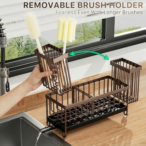 Image of Cisily Brown Sponge Holder for Kitchen Sink, Sink Caddy Organizer with High Brush Holder, Kitchen Countertop Organizers and Storage Essentials, Rustproof 304 Stainless Steel, Soap Dispenser Organize