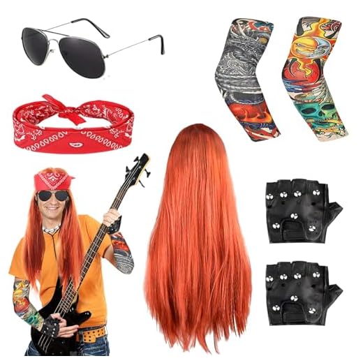Disfraz Rockero, Punk Gothic Rocker Kit, Disfraces de Rock Accesorios con Peluca Roja Gafas de Sol Mangas de Tatuaje Cubre Bandana Guantes de Punk para Mujeres Hombres Adulto Fiesta Del Año 70 80 90