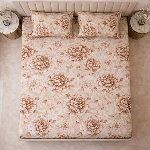Image of THEA King Elastic Fitted Double Bedsheet Set| 100% Cotton Like Soft Fabric | Microfiber King Elastic Double Bedsheet for King Size Bed (72 X 78 x 10 inches) with 2 Pillow covers,Mocha Bloom