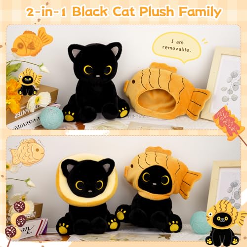 Image of Fish Stuffed Animal Cat Plush, 8inches Black Cat Plush with Brown Taiyaki Hood Removable, Kawaii Stuffed Kitten Doll Toy Cute Plushies for Girls Kids Boys，Christmas Birthday Gifts