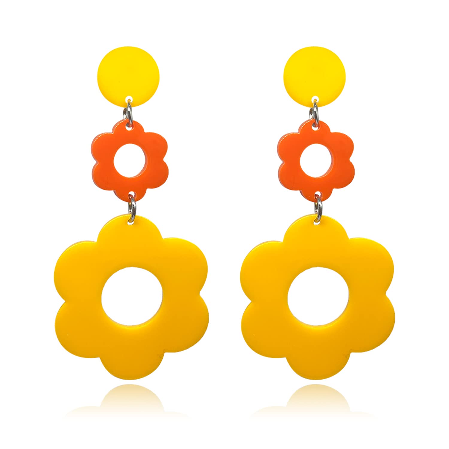 Fuvirou Acrylic Flower Earrings for Women Double Daisy Drop Earrings Boho Resin Flowers Floral Earrings Y2k Yellow White Flowers 60/70s Statement