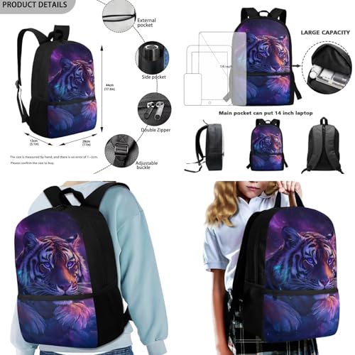 Tiger Backpack for Kids Cool Animal Bookbag with Lunch Box Attached Lightweight Purple Insulated Lunch Bag Tote Set of 3 Minimalist Pencil Case for Students4