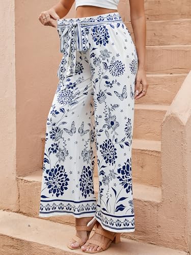 ZAFUL Women's Casual Wide Leg Elastic Band Tied Pants High Waisted Printed Palazzo Pants 20252