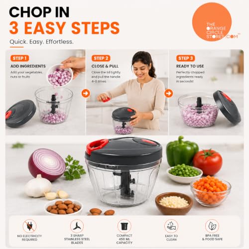 Image of Manual Veg Chopper 450 ML | Mini Handy Vegetable & Fruit Cutter with 3 Stainless Steel Blades | Onion, Garlic, Nuts & Salad Maker for Kitchen (Grey)