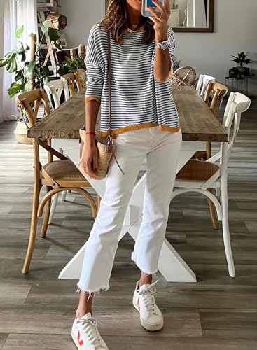 Image of Womens Striped Lightweight Cotton Sweaters Long Sleeve Crew Neck Color Block Casual Knitted Pullover Tops