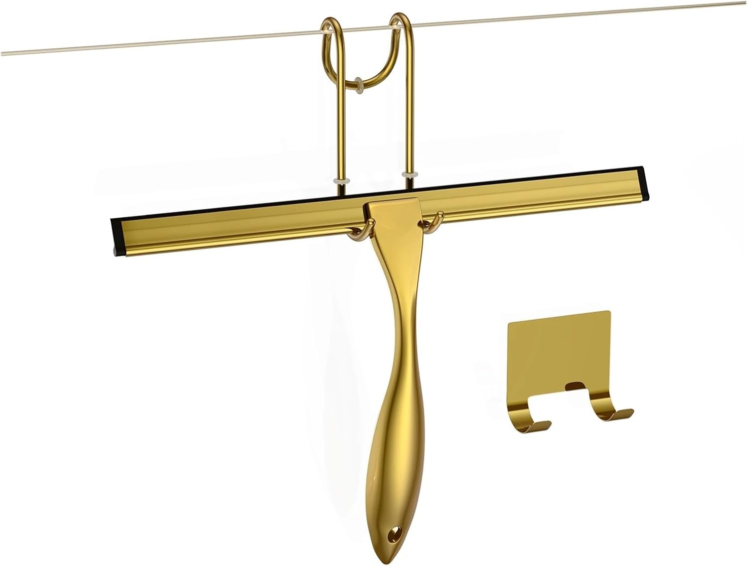 10 14 Inch Shower Squeegee Stainless Steel Bath Cleaner Golden Color with Hooks Door Glass Mirror Car Cleaning Tool(Size Large 14inch)